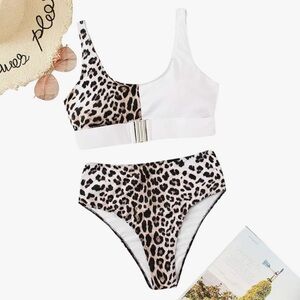 SHEIN Women's High Waist Leopard Buckle Front Two Piece Cheetah Bikini Size S